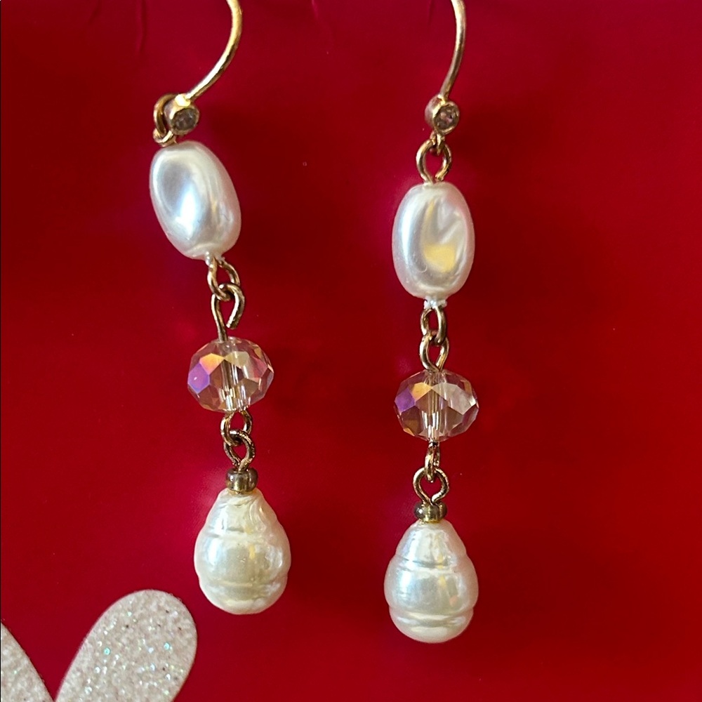 Naturally Pearly Drop Linear Earrings with Crystal Accent - White